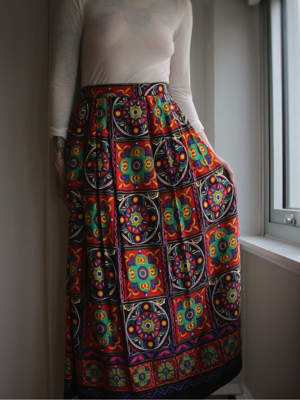1990's Ports International Moorish Medallion Tile Print Maxi Skirt